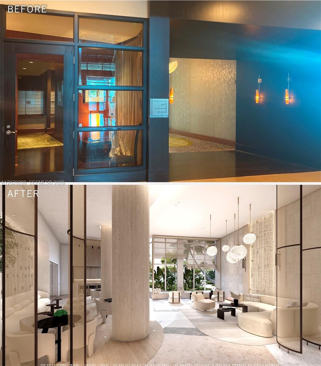 This rendering shows a renovated lobby featuring a fluted column, light wood floors, and seating — 10295 Collins Ave # 1606, Bal Harbour FL 33154, BAL HARBOUR, FL