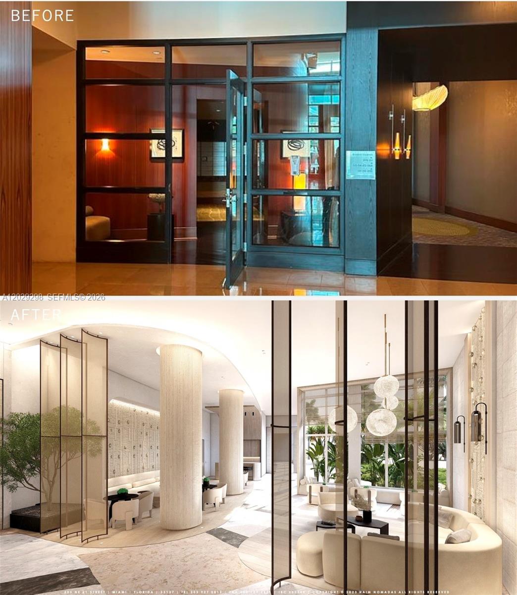 This split-view rendering shows a dark, traditional lobby interior transformed into a bright, modern space — 10295 Collins Ave # 1606, Bal Harbour FL 33154, BAL HARBOUR, FL