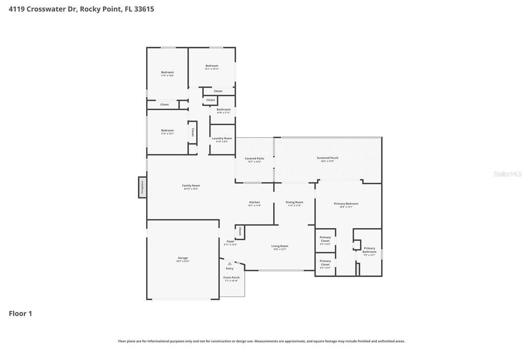 This is a floor plan for a single-story house with a garage and screened porch — 4119 CROSSWATER DRIVE, TAMPA, FL