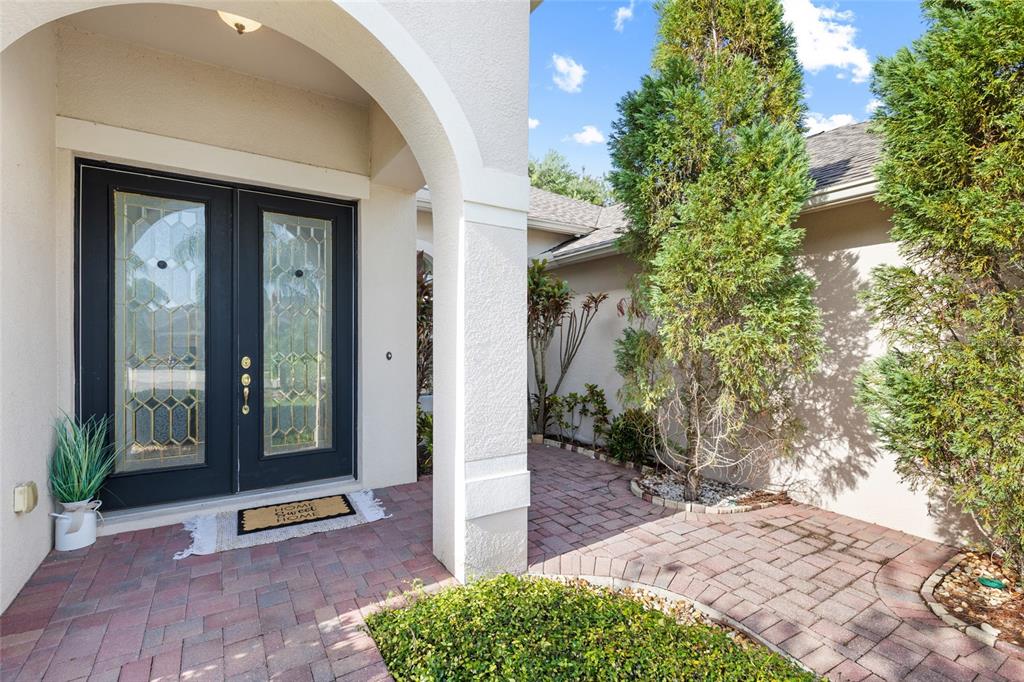 A paved entryway features a double front door with glass panels and a welcome mat — 16132 IVY LAKE DRIVE, ODESSA, FL