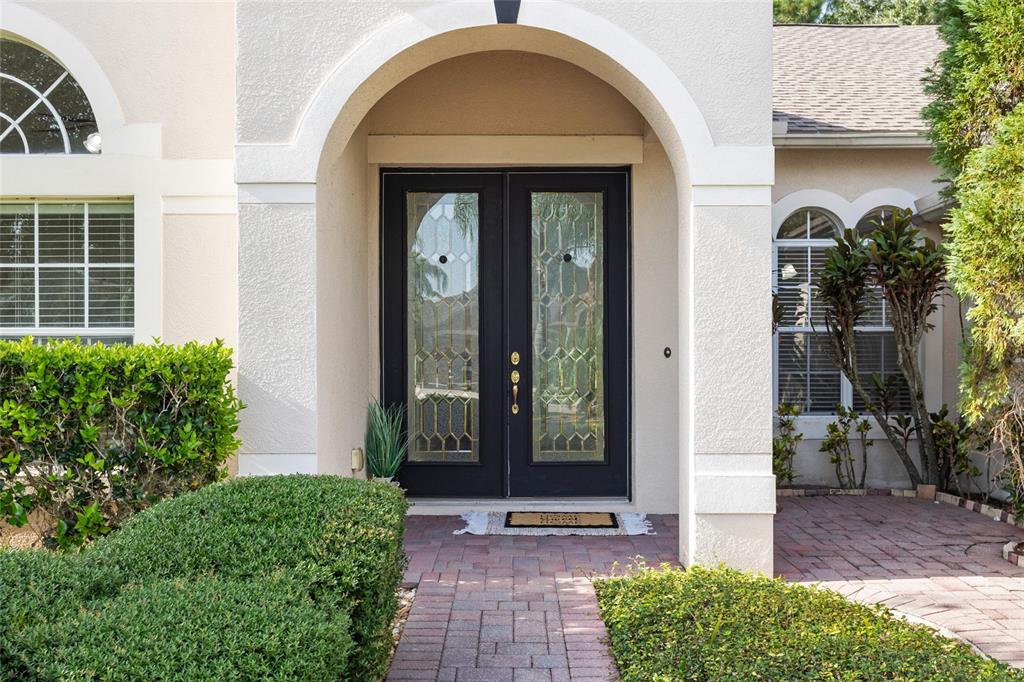 A front entrance features double glass doors with black frames under a stucco archway — 16132 IVY LAKE DRIVE, ODESSA, FL