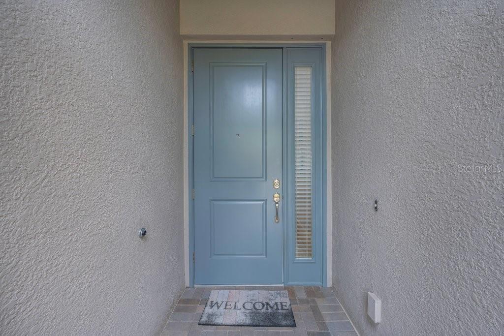 A light blue front door with a side window sits in a recessed entryway — 4844 AVILA LAKES DRIVE, WIMAUMA, FL