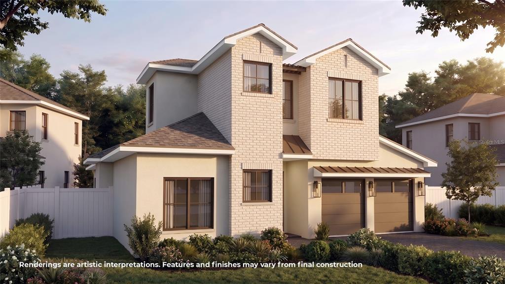 A digital rendering of a two-story suburban house with a brick facade and attached garage — 1840 LAUREL ROAD, WINTER PARK, FL