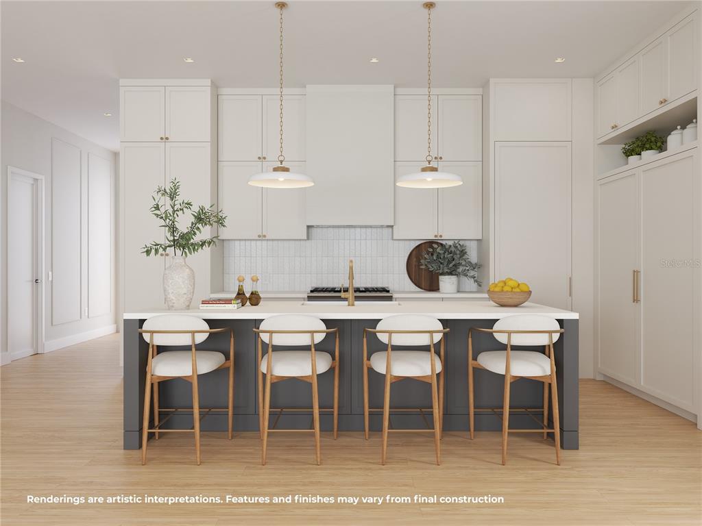 A rendering of a modern kitchen featuring a dark gray island and white cabinetry — 1840 LAUREL ROAD, WINTER PARK, FL