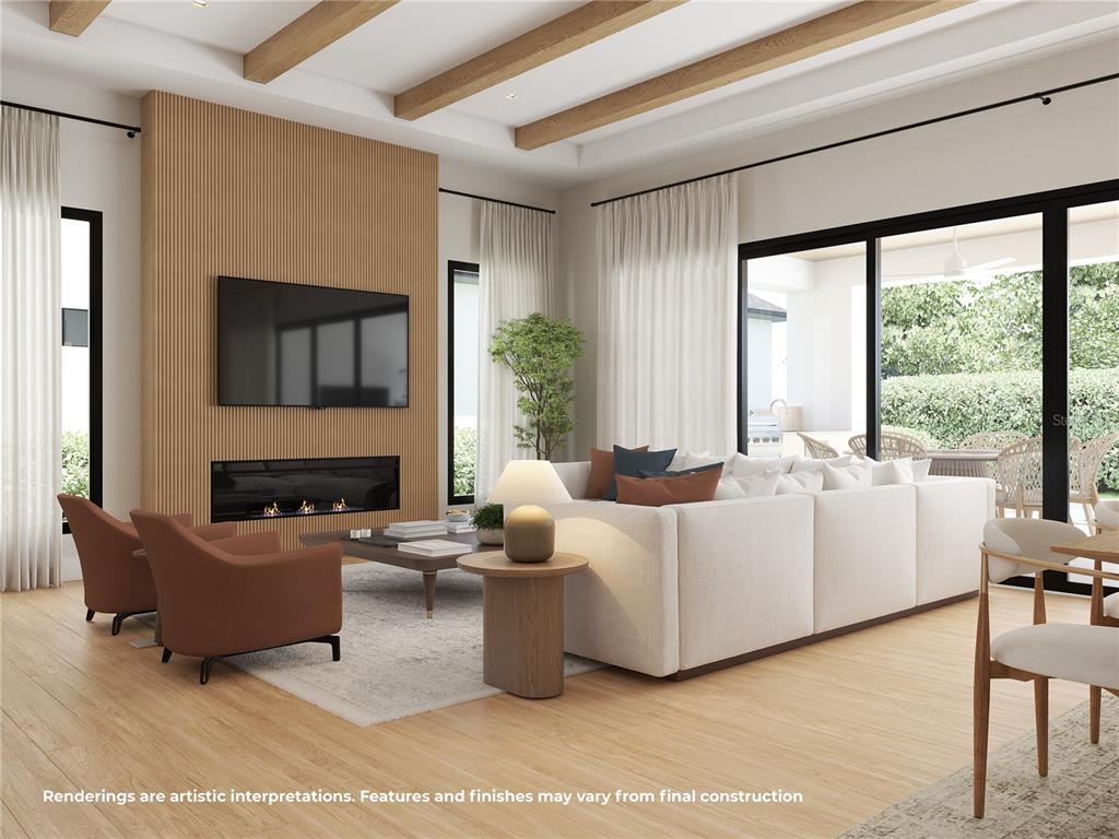 This rendering shows a modern living room with a slatted wood fireplace wall and patio — 1840 LAUREL ROAD, WINTER PARK, FL