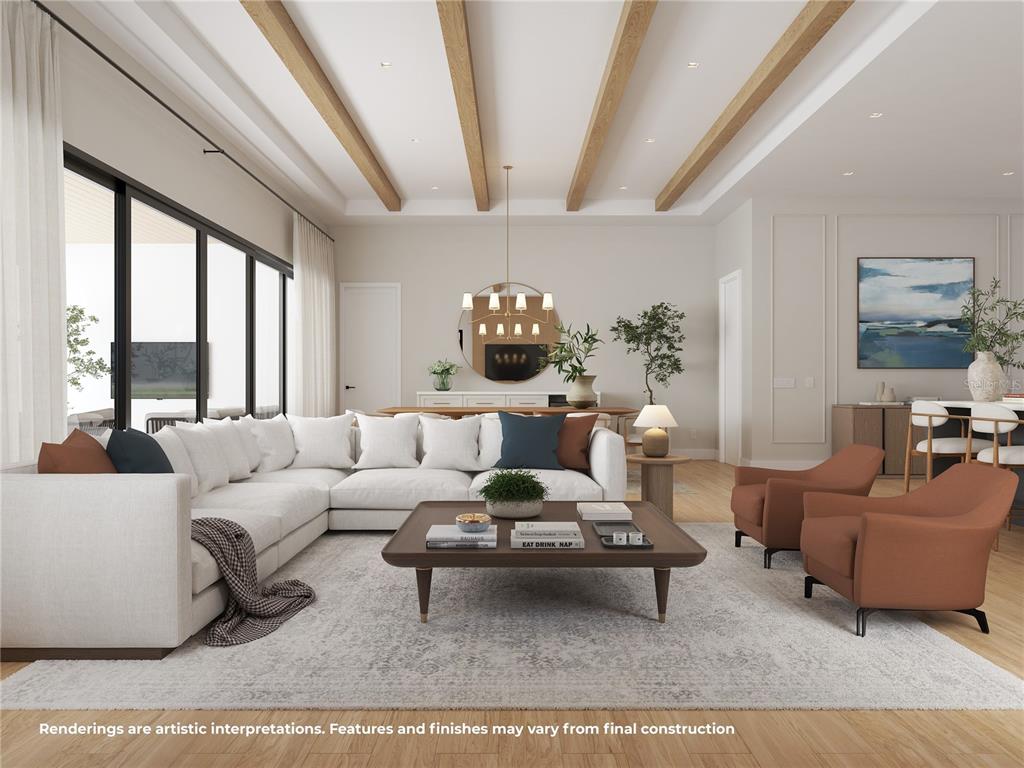 This rendering shows a living room with wood ceiling beams, a sectional sofa, and chairs — 1840 LAUREL ROAD, WINTER PARK, FL