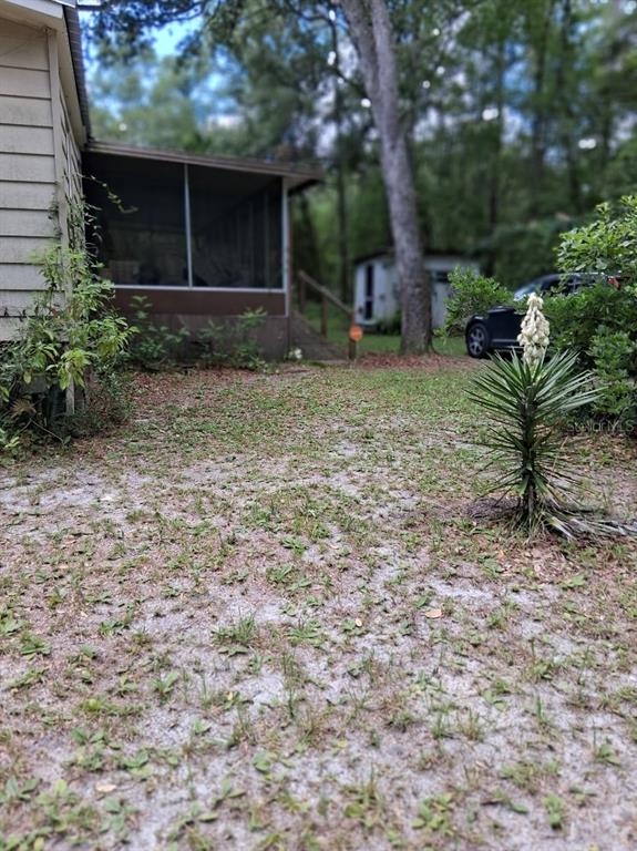 A yard with a sandy lawn, a screened porch, and a blooming yucca plant — 13600 NE 166TH STREET, FORT MC COY, FL