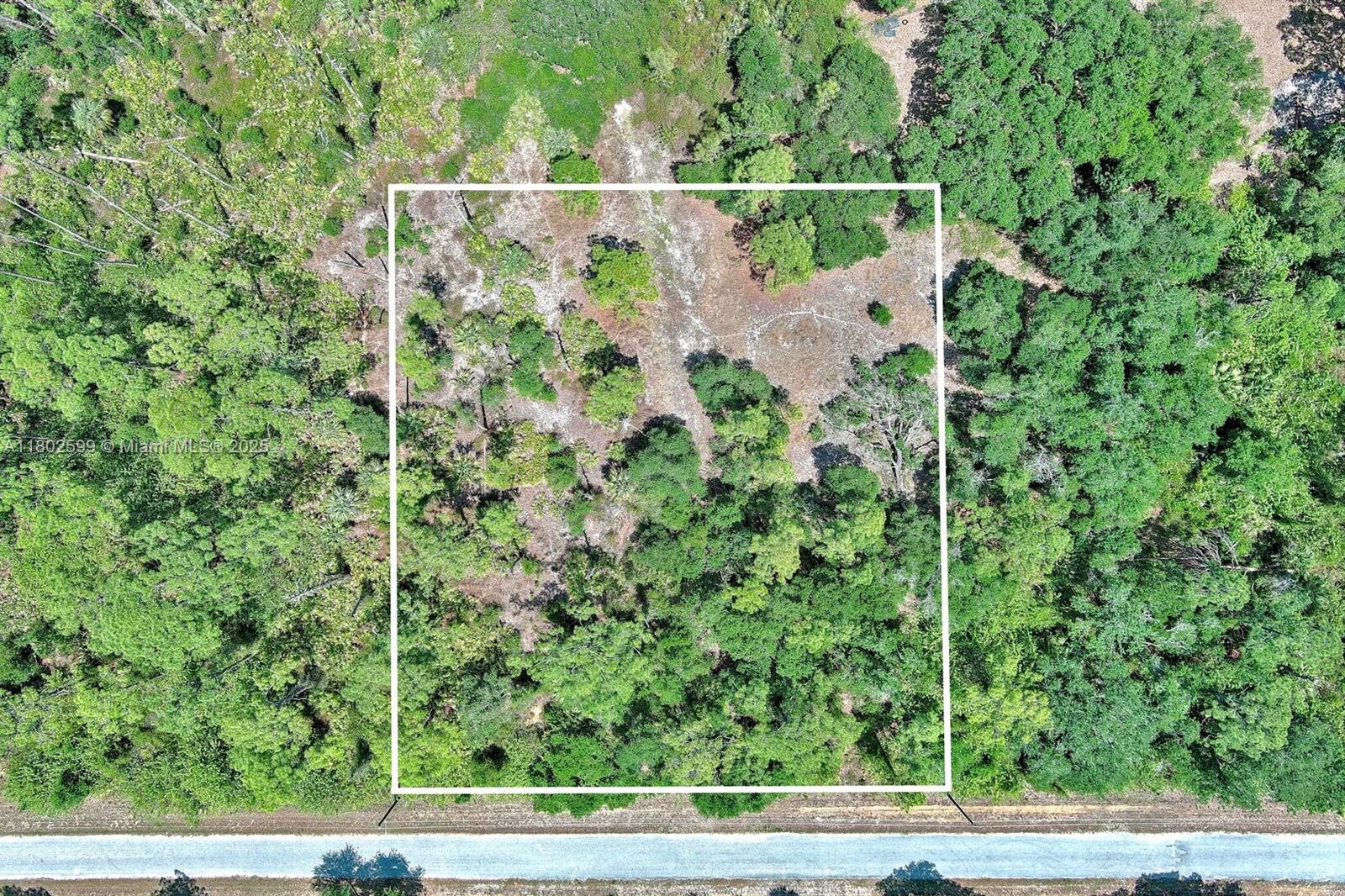 An aerial view shows a rectangular plot of land bordered by a road and trees — 1908 MCARTHUR AVE, Lehigh Acres FL 33972, LEHIGH ACRES, FL