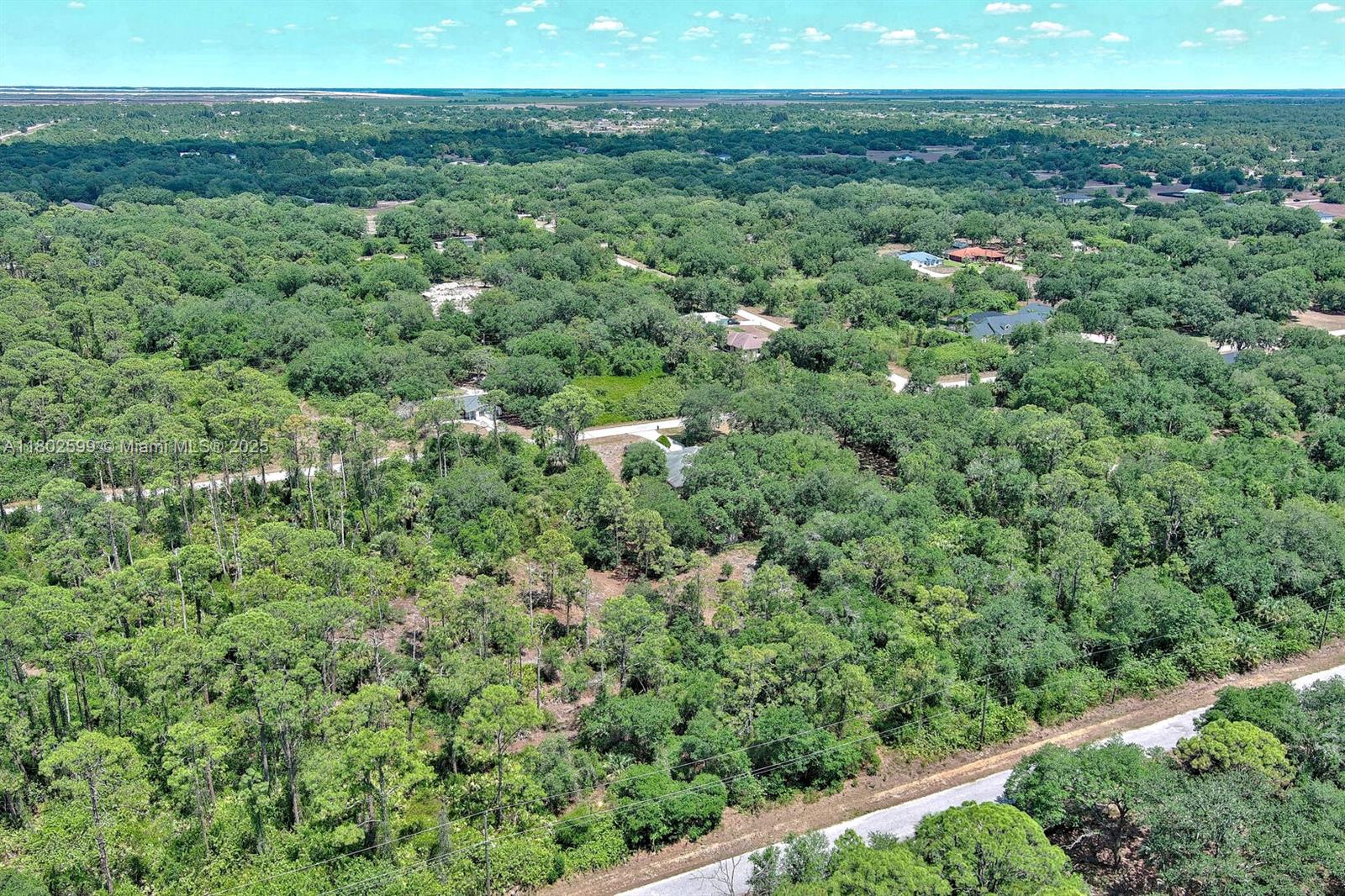 An aerial view shows a wooded lot with scattered houses and a paved road nearby — 1908 MCARTHUR AVE, Lehigh Acres FL 33972, LEHIGH ACRES, FL