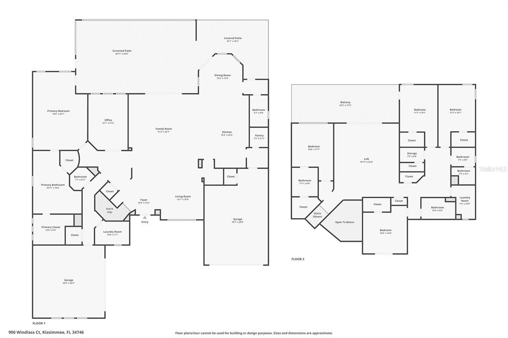 This image is a two-story residential floor plan showing the layout of all rooms — 900 WINDLASS COURT, KISSIMMEE, FL