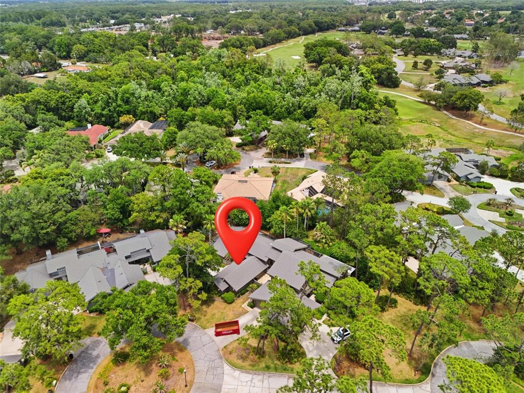 An aerial view shows a residential house with a gray roof surrounded by dense trees — 5344 COBBLESTONE COURT, WESLEY CHAPEL, FL