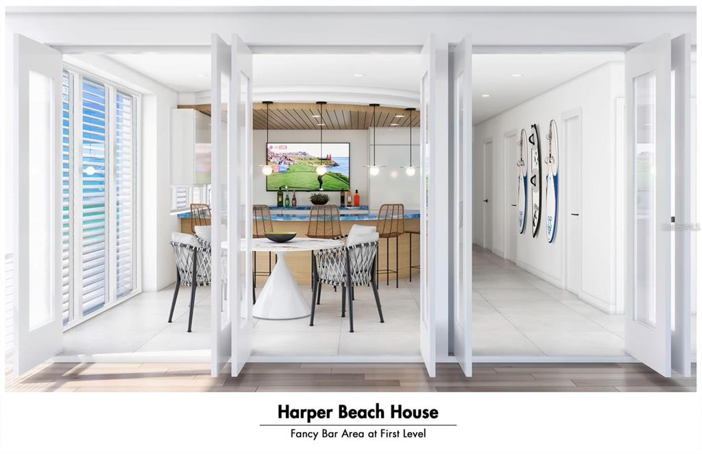 This rendering shows a modern bar area with a dining table and surfboards on display — 6604 S ATLANTIC AVENUE, NEW SMYRNA BEACH, FL