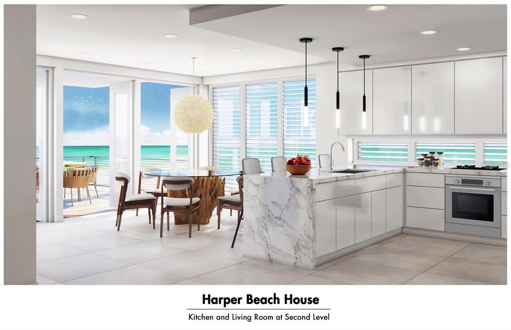 This rendering shows a modern kitchen and dining area with marble countertops and ocean views — 6604 S ATLANTIC AVENUE, NEW SMYRNA BEACH, FL