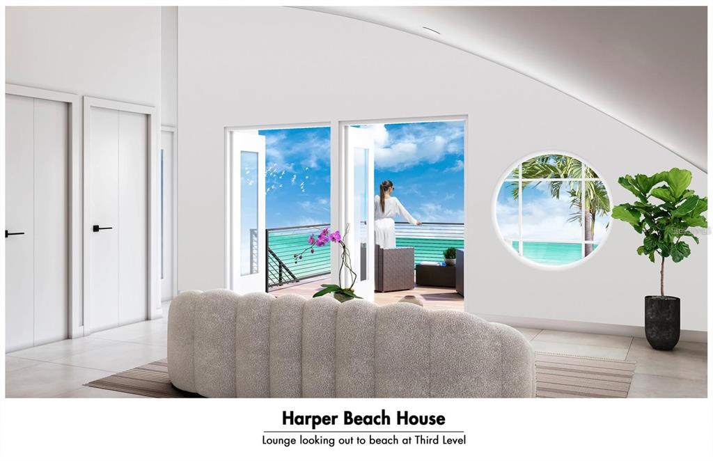 This rendering shows a modern lounge with a curved sofa, circular window, and balcony view — 6604 S ATLANTIC AVENUE, NEW SMYRNA BEACH, FL