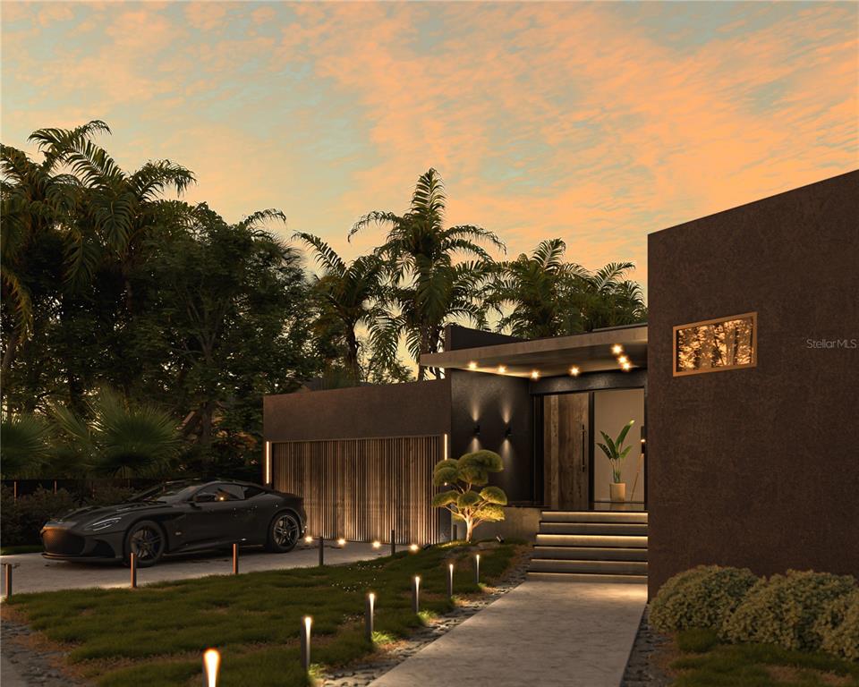 A rendering of a modern home exterior with a dark facade, garage, and sports car — 2861 DON QUIXOTE DRIVE, PUNTA GORDA, FL