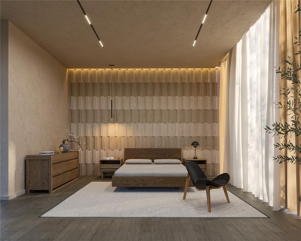 This is a rendering of a modern bedroom featuring a textured accent wall and wood furniture — 2861 DON QUIXOTE DRIVE, PUNTA GORDA, FL