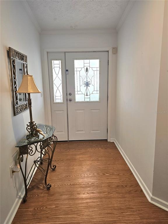 An entryway features a white front door with decorative glass, wood-look flooring, and a console table — 29 BRINK AVENUE, PUNTA GORDA, FL