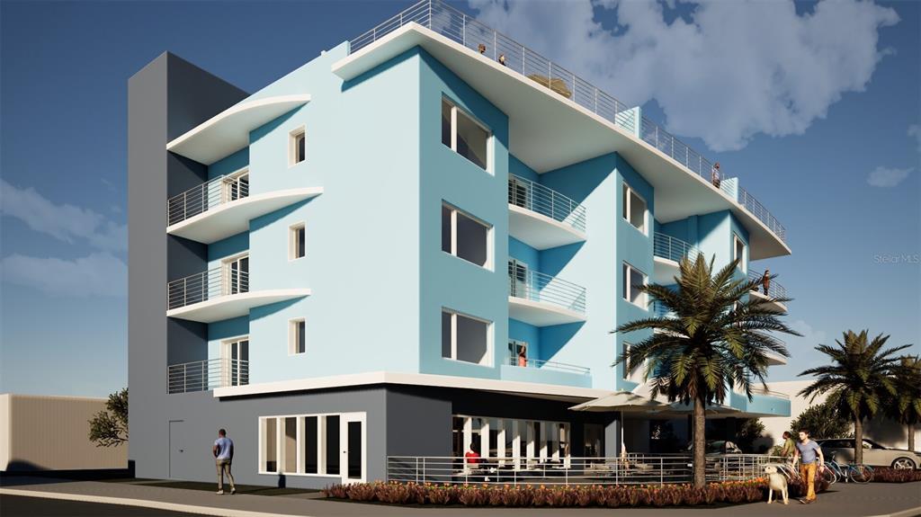 This is a digital rendering of a modern, multi-story apartment building with blue exterior walls — 13495 GULF BOULEVARD, MADEIRA BEACH, FL