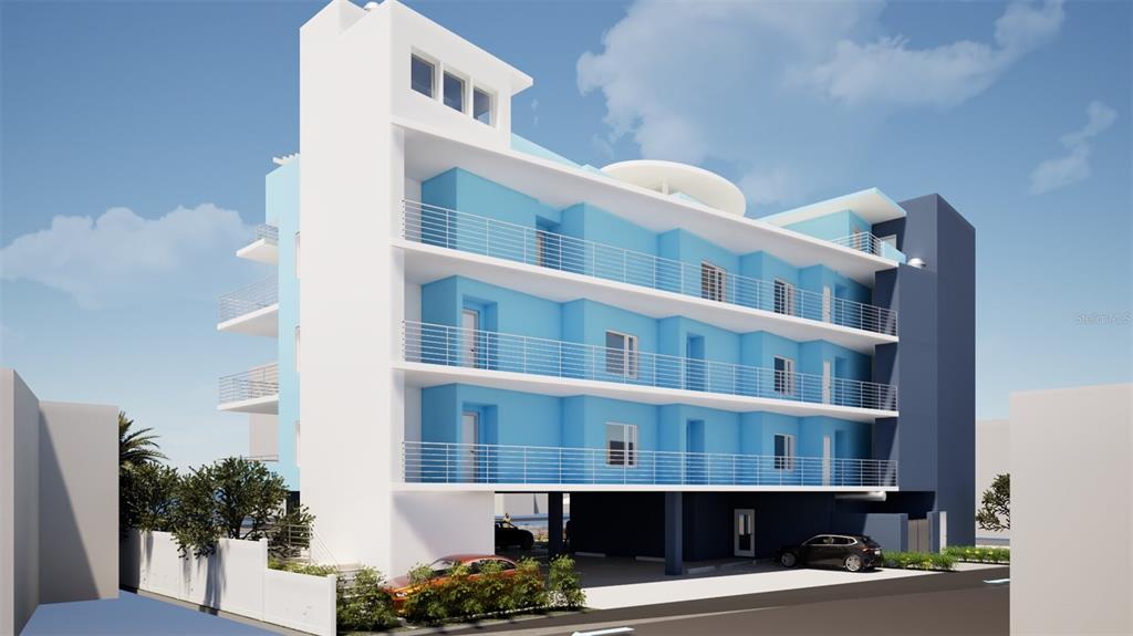 A digital rendering of a modern, multi-story apartment building with blue balconies and covered parking — 13495 GULF BOULEVARD, MADEIRA BEACH, FL