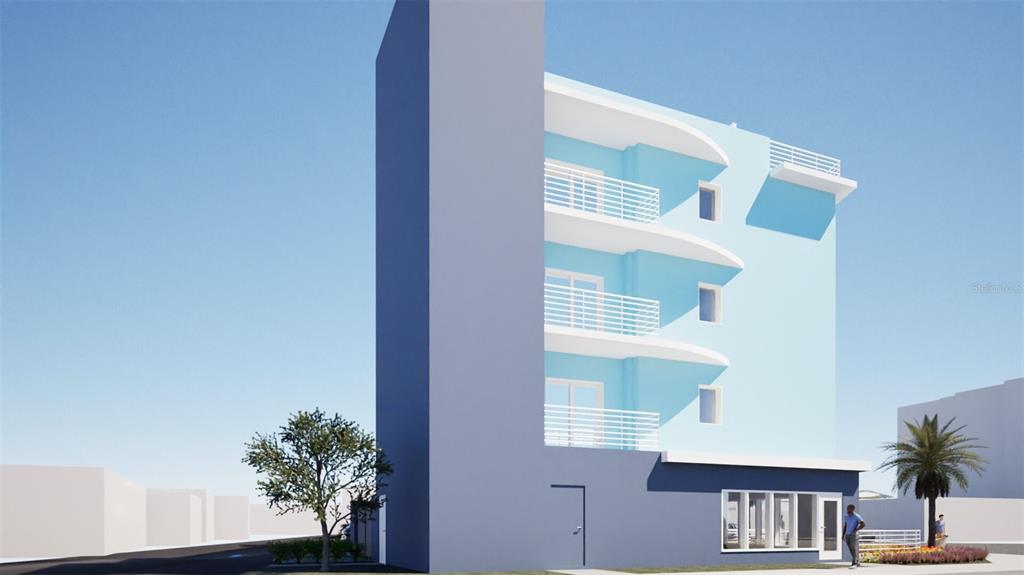 This is a digital architectural rendering of a modern, multi-story building with blue exterior walls — 13495 GULF BOULEVARD, MADEIRA BEACH, FL