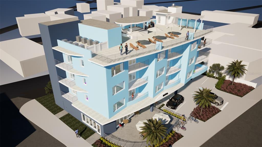 This is a digital rendering of a multi-story blue building with a rooftop terrace — 13495 GULF BOULEVARD, MADEIRA BEACH, FL