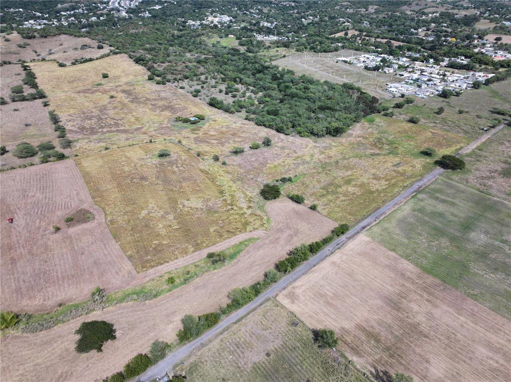 An aerial view shows a large, undeveloped plot of land with a road running through it — BOQUERON WARD SR 103 KM 11.9 NEAR BETANCES COMMUNITY UNIT 8, CABO ROJO, PR