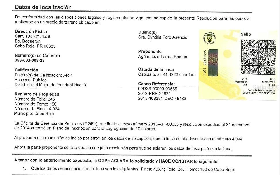 This document is a legal resolution from the Puerto Rico Office of Permit Management — BOQUERON WARD SR 103 KM 11.9 NEAR BETANCES COMMUNITY UNIT 8, CABO ROJO, PR