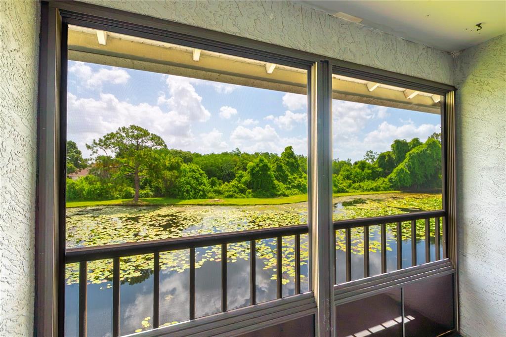 A screened-in porch overlooks a pond filled with lily pads and surrounding trees — 11201 122ND AVENUE UNIT 234, LARGO, FL