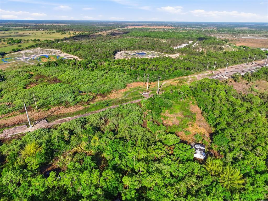 An aerial view shows a wooded lot with a small structure and power line corridor — 22811 WILLIAMS DRIVE, NORTH FORT MYERS, FL