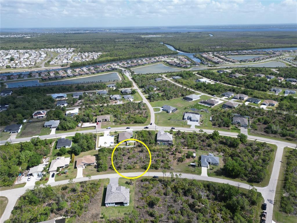 An aerial view shows a vacant, wooded residential lot circled in a suburban neighborhood — 14390 DAFOE STREET, PORT CHARLOTTE, FL