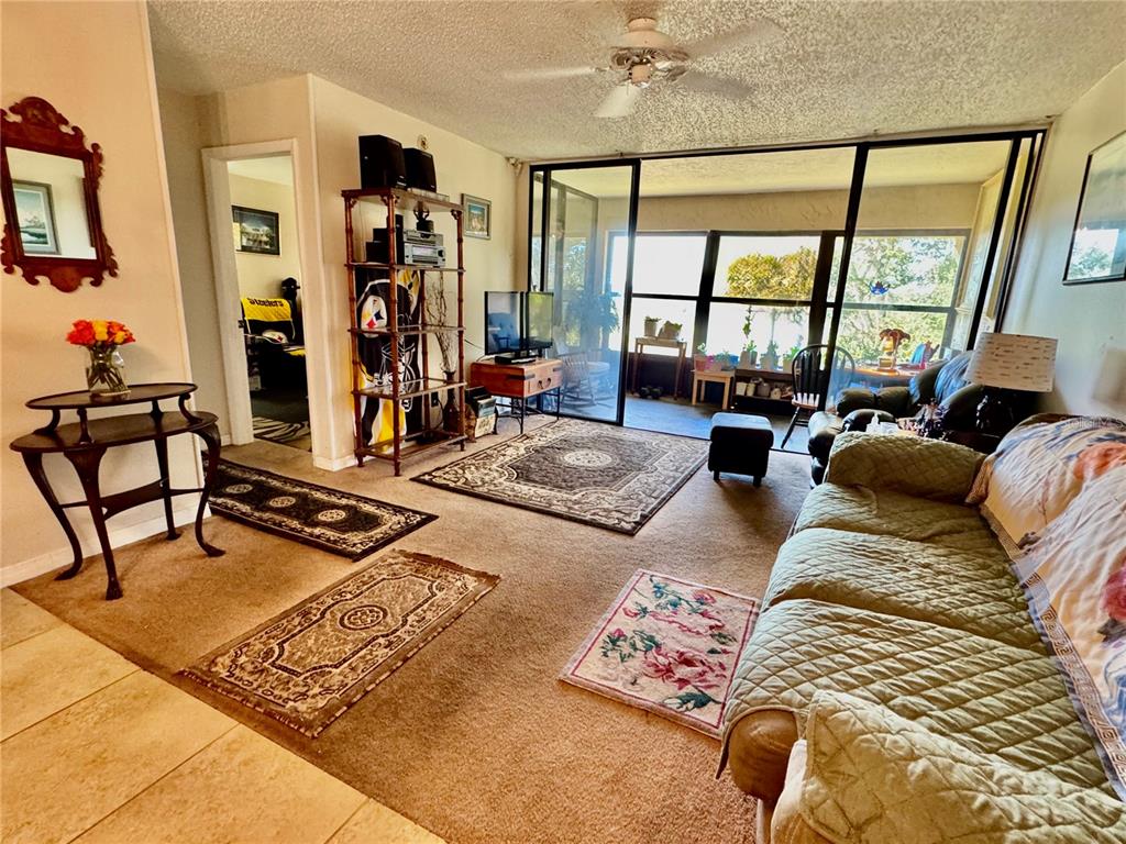 A living room features a sofa, multiple area rugs, a shelving unit, and a glass-enclosed lanai — 12300 VONN ROAD UNIT 5304, LARGO, FL