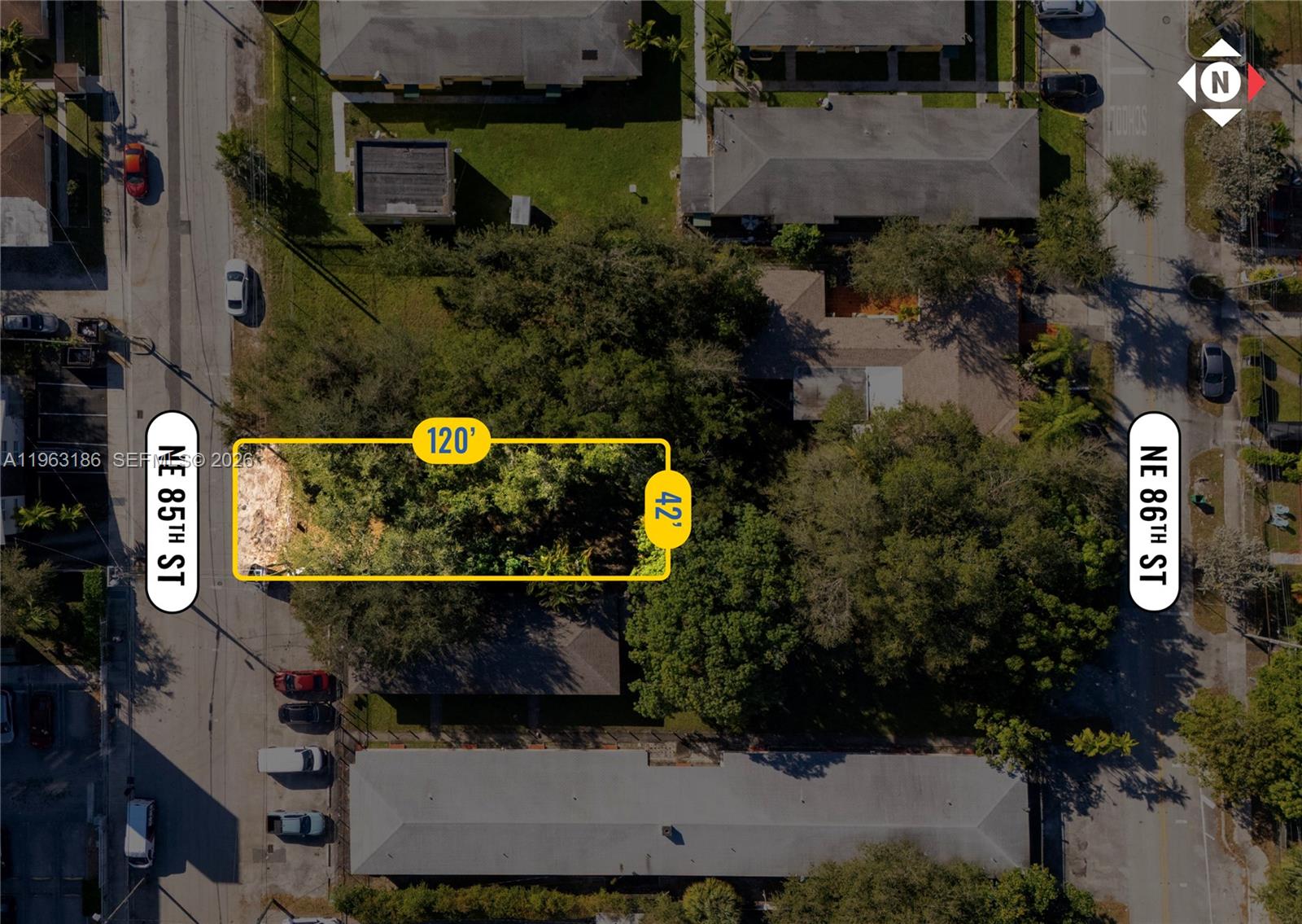 An aerial view shows a rectangular vacant lot highlighted in yellow between two streets — 729 NE 85th St, Miami FL 33138, MIAMI, FL