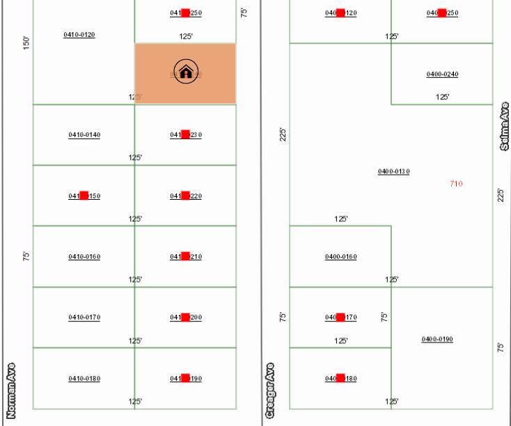 This is a property tax map showing parcel boundaries and lot dimensions for a residential area — 005 Creager Avenue, FL 32148, FL
