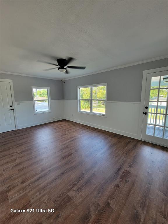 A room with wood-look flooring, gray walls, white wainscoting, a ceiling fan, and two doors — 16 S PRIMROSE DRIVE, ORLANDO, FL