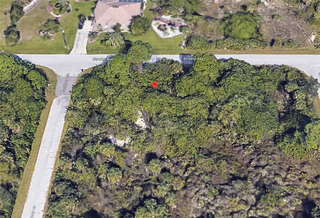 An aerial view shows a vacant, heavily wooded corner lot at a street intersection — 14143 STRADER AVENUE, PORT CHARLOTTE, FL