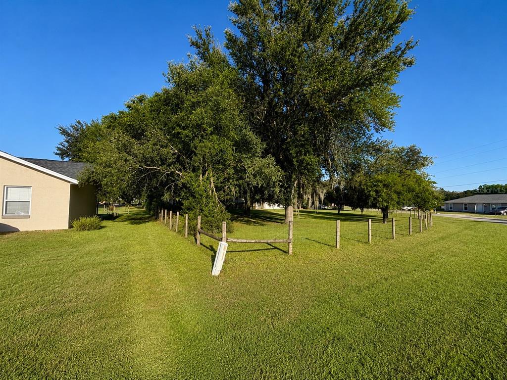 A grassy yard features a wooden fence and large trees next to a house exterior — SW 3RD CT, OCALA, FL