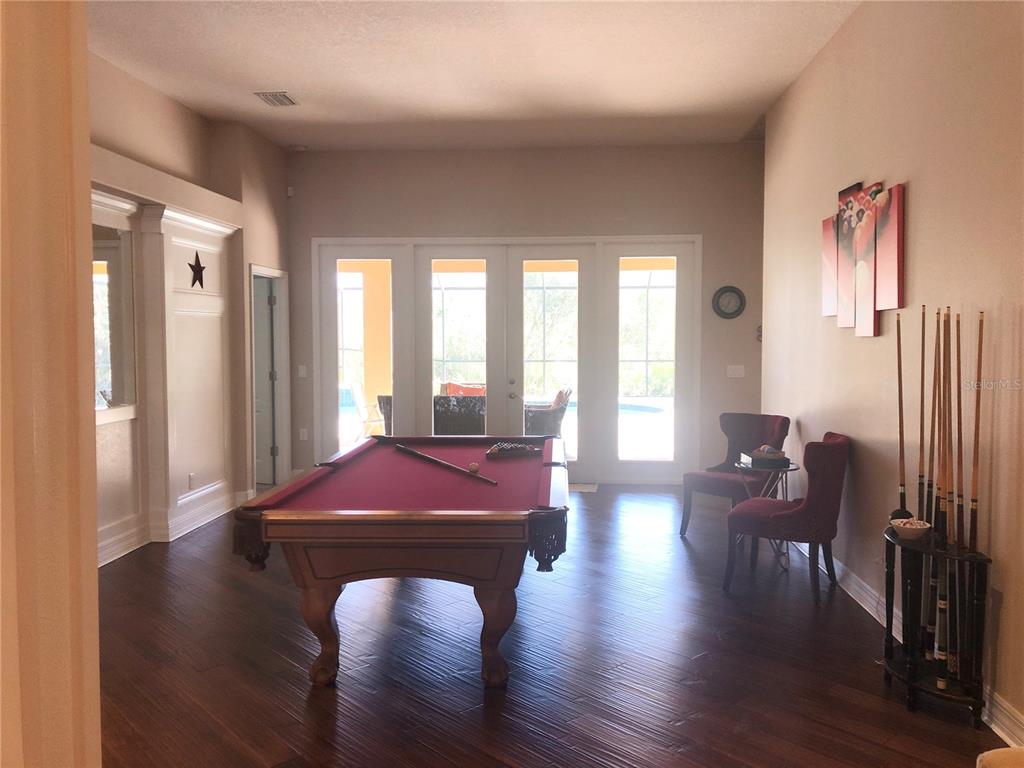 A game room features a pool table, dark wood flooring, and glass doors to a patio — 19125 SWEET CLOVER LANE, TAMPA, FL