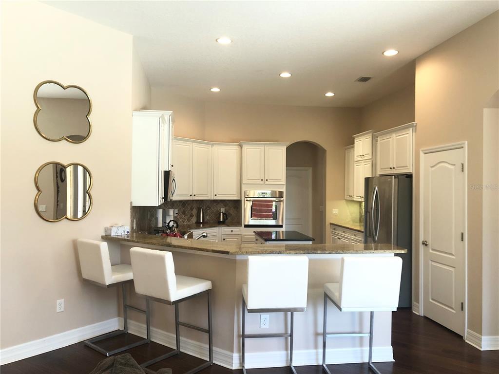 A kitchen features white cabinetry, granite countertops, a breakfast bar with four stools, and recessed lighting — 19125 SWEET CLOVER LANE, TAMPA, FL