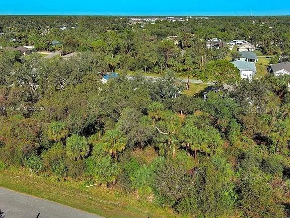 An aerial view shows a wooded, undeveloped lot bordered by a road and nearby houses — SARGON AVENUE, NORTH PORT, FL