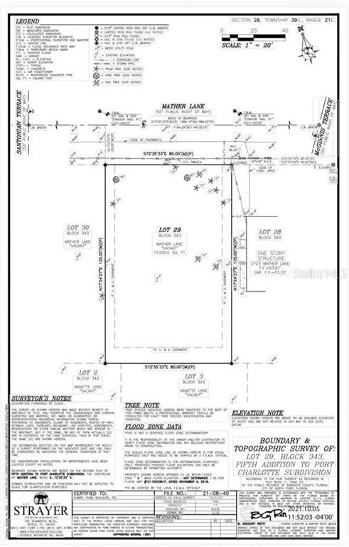This image is a boundary and topographic survey map of a vacant residential lot — Lot 29 MATHER LANE, NORTH PORT, FL