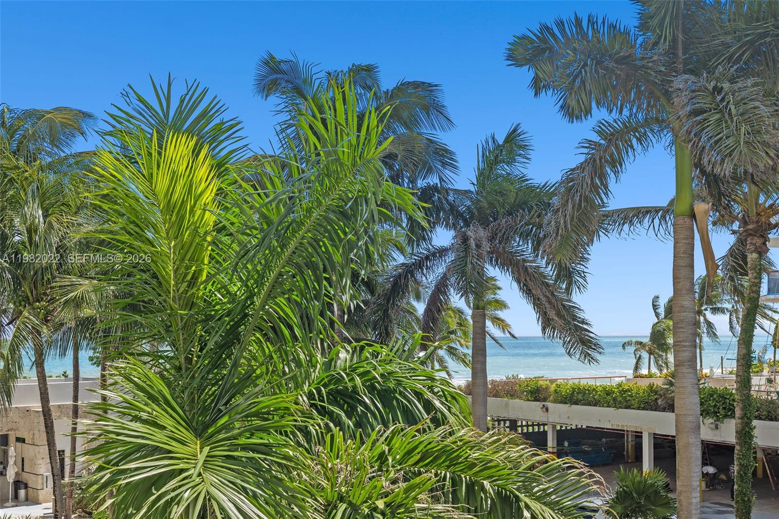 A view of the ocean framed by palm trees from an elevated outdoor space — 6799 Collins Ave # 209, Miami Beach FL 33141, MIAMI BEACH, FL