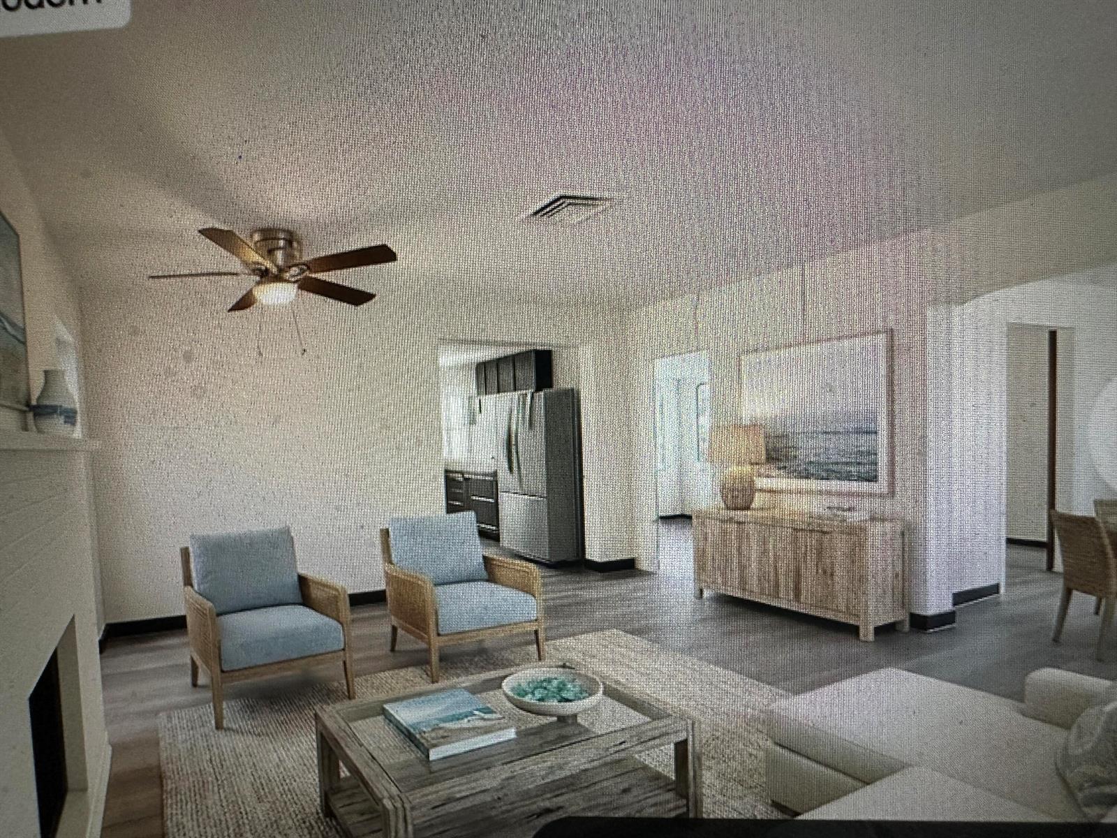 This interior rendering shows a living room with two armchairs, a coffee table, and a sideboard — 84 E North Shore Avenue, FL 33917, FL