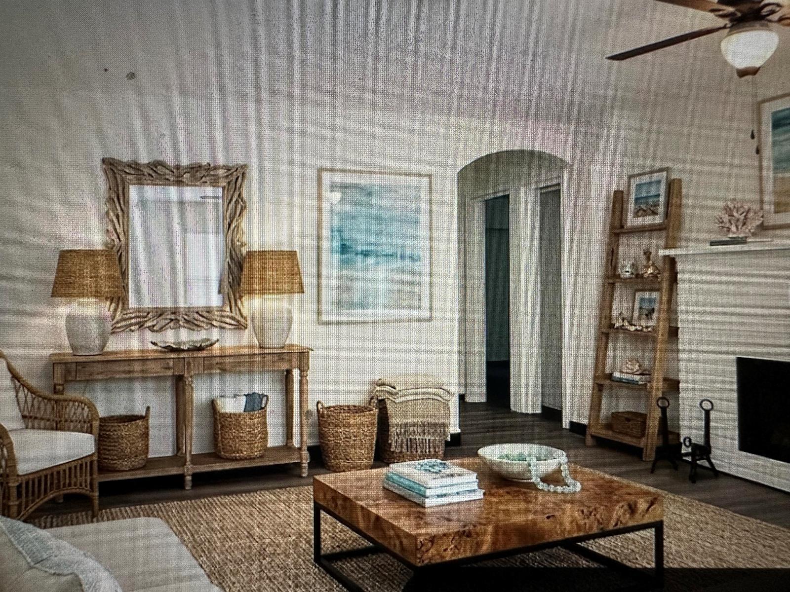 A coastal-style living room features a wooden console table, a coffee table, and a fireplace — 84 E North Shore Avenue, FL 33917, FL