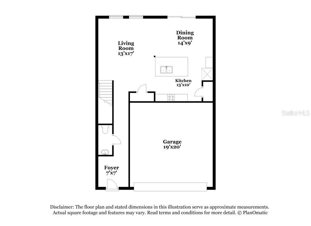 This is a floor plan of a home's main level featuring a garage and living area — 962 KELLY FERN LOOP, RUSKIN, FL