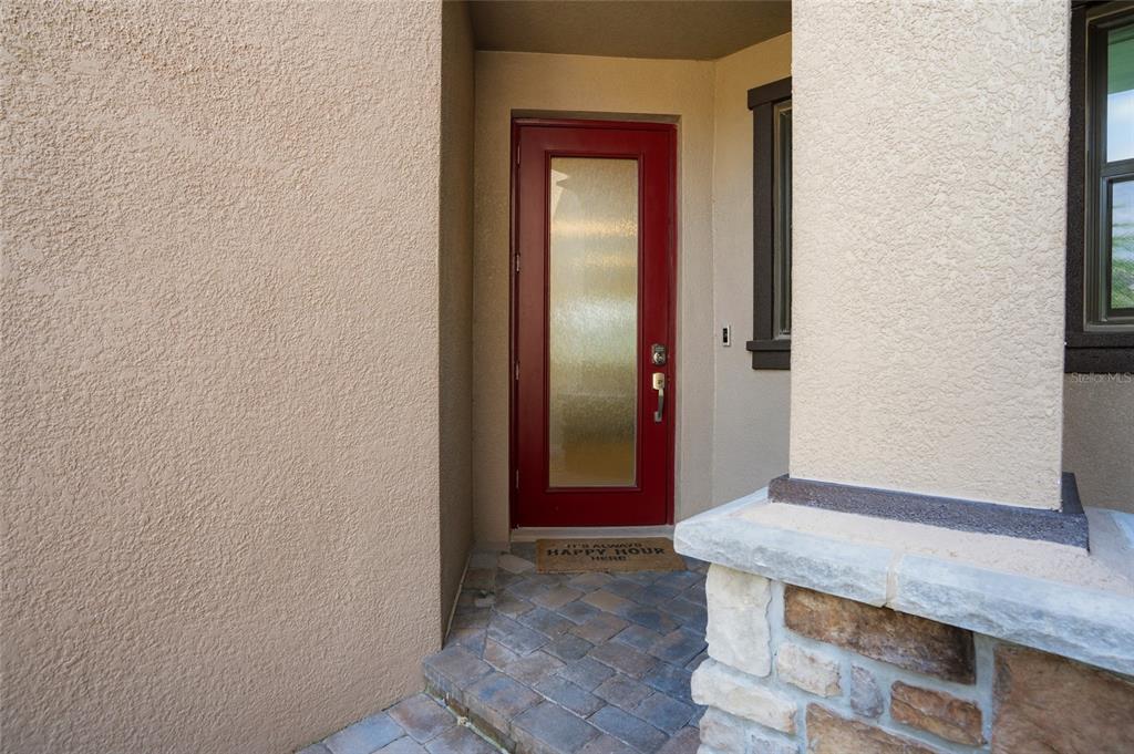 A red front door with a glass panel sits at the entrance of a home — 4540 ALMADA LANE, WESLEY CHAPEL, FL