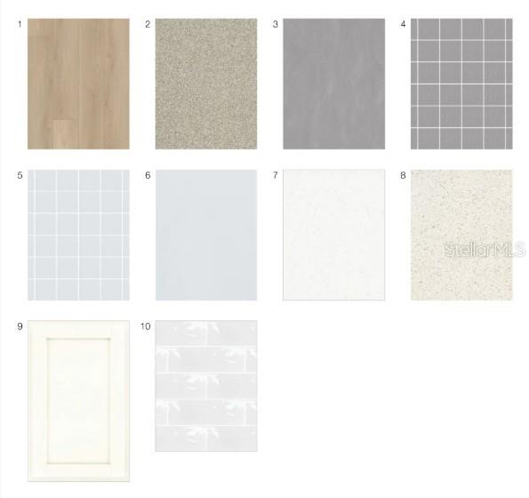 This image is a digital rendering showing ten different material and finish samples for home interiors — 7824 CENTAURUS WAY, SARASOTA, FL