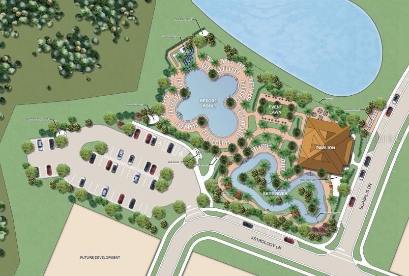 This is a site plan rendering of a community pool area with a parking lot — 7824 CENTAURUS WAY, SARASOTA, FL