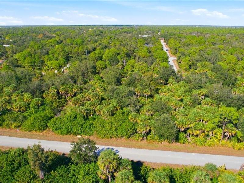 An aerial view shows a paved road bordering a dense, wooded lot with lush vegetation — 17378 QUINCY AVENUE, PORT CHARLOTTE, FL