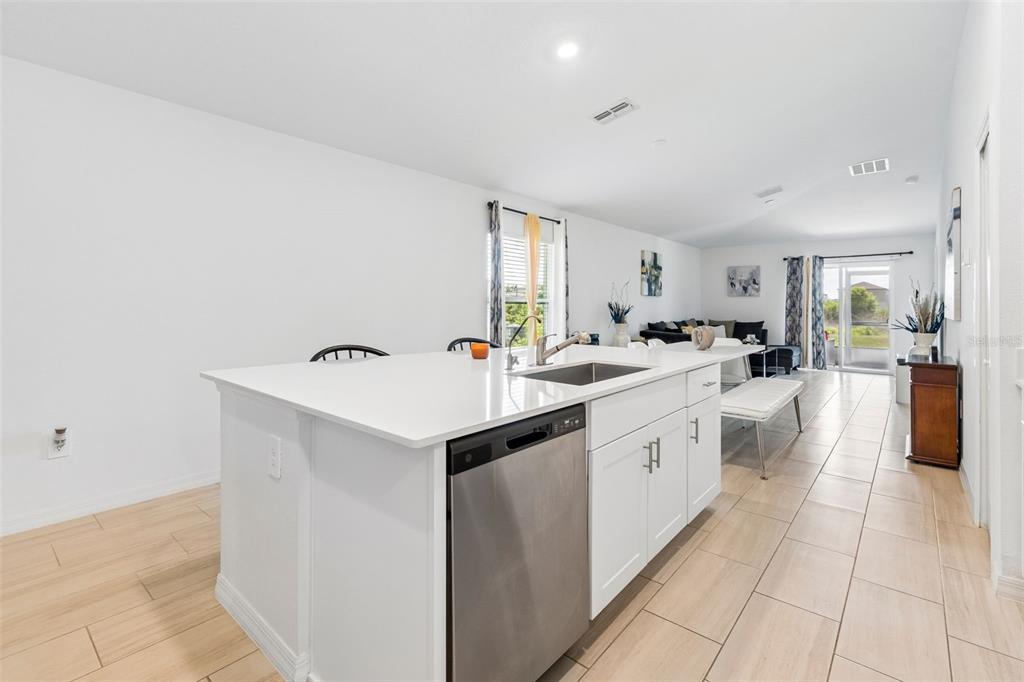 A kitchen island with a stainless steel dishwasher and sink sits in a bright room — 3511 GREAT PARK CT, PLANT CITY, FL