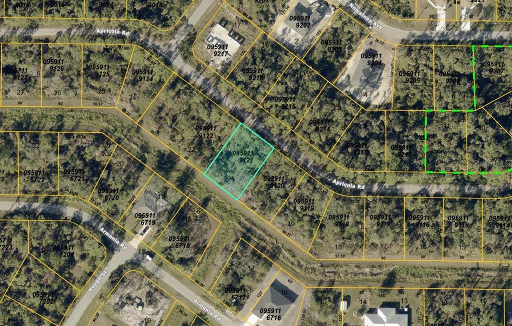 This is a satellite map showing property lot lines and parcel numbers in a neighborhood — APRICOLA ROAD, NORTH PORT, FL